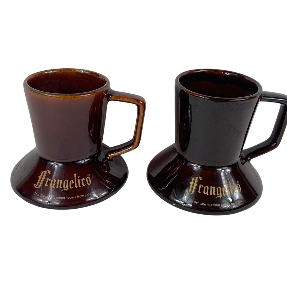Vintage Frangelico Hazelnut Liqueur Coffee Mugs Brown Ceramic Set of 2 Italy
